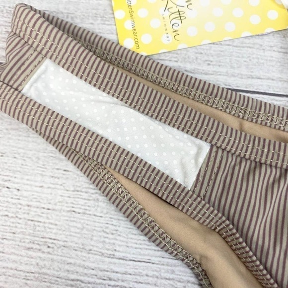 NEW Sun Kitten Ladies Tan and Grey Stripe Polkadot Swim Bikini Bottom XS - Picture 2 of 7